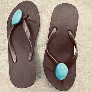 Brown Platform Wedge Flip Flop Sandals - Turquoise Stone - Pre-owned - Size 7